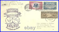 Hindenburg first flight cover & three air mail stamps, Lakehurst NJ to Frankfurt