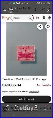 Rare Vintage 6 Cent Red Airmail US Postage 1946! Amazing