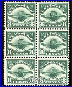 US Air Mail C4 8¢ Block of 6 1929 VF Top Left Hinged, Rest Never Hinged