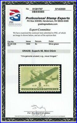 US Stamp #C26 Airplane 8c, PSE Cert SUP 98 Mint OGNH SMQ $140.00